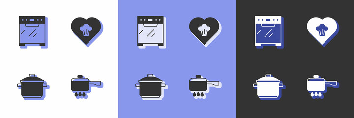 Set Cooking pot on fire, Oven, and Chef hat icon. Vector