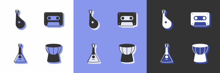 Set African darbuka drum, Bandura, Balalaika and Retro audio cassette tape icon. Vector