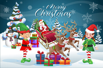Merry Christmas scene greeting card cartoon Santa Claus with elves and snowman 