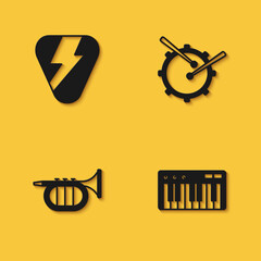 Set Guitar pick, Music synthesizer, Trumpet and Drum with drum sticks icon with long shadow. Vector