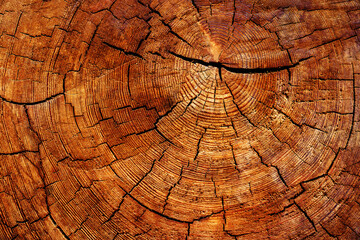 Background from a sawn tree trunk. Wood texture with cracks and rings. Flat lay frame