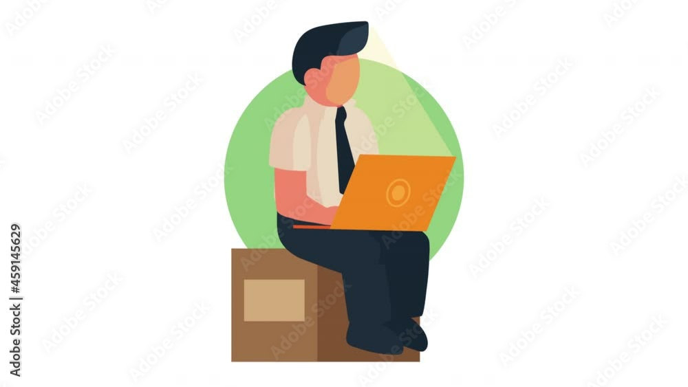 Poster businessman worker using laptop animation character