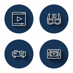 Set line Online play video, 3D cinema glasses, Movie, film, media projector and VHS cassette tape with long shadow. Blue circle button. Vector