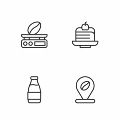 Set line Location with coffee bean, Milk bottle, Electronic scales and Piece cake icon. Vector