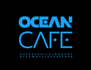 Vector trendy logo Ocean Cafe. Creative modern Font. Blue set of Alphabet Letters and Numbers
