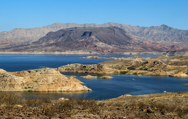 Scenic View of Lake Mead in Southern Nevada Showing Low Lake Levels Due to Drought, Summer 2021. 