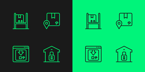 Set line Closed warehouse, Online app delivery tracking, Warehouse interior with boxes and Location cardboard icon. Vector