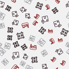 Obraz premium Set line Container, Location with cardboard box, Warehouse boxes and Cargo ship delivery on seamless pattern. Vector