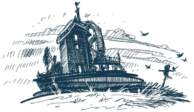 Hand drawn old retro water mill with scarecrow and flying ravens. Halloween vector postcard or background.