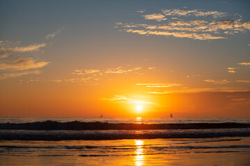 Panoramic view of sunset over ocean. Beautiful serene scene. Sea sky concept, sunrise colors clouds. Nature landscape, scenery beach. Summer vacation background.