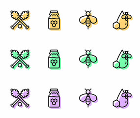 Set line Bee, Honey dipper stick, Jar of honey and and honeycomb icon. Vector