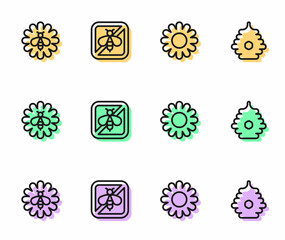 Set line Flower, Bee on flower, Stop bee and Hive for bees icon. Vector