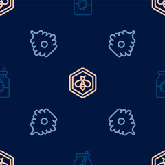 Set line Jar of honey and dipper stick, Hive for bees and Bee honeycomb on seamless pattern. Vector