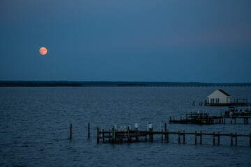 Harvest Moon Rises over the Northern Neck above the Rappahannock River in Tappahannock, Virginia...
