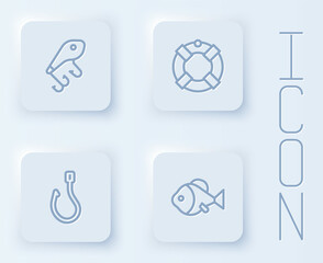 Set line Fishing lure, Lifebuoy, hook and . White square button. Vector