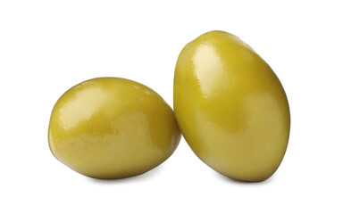 Two fresh green olives on white background
