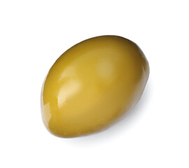 One fresh green olive isolated on white, top view