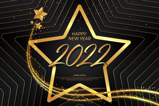 Happy new year 2022 with star black gold backround style