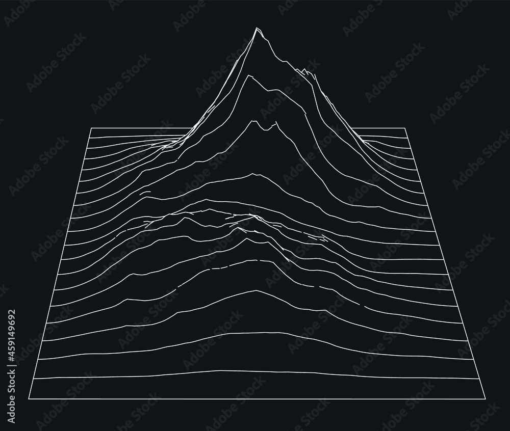 Poster 3D model of a glitched surface. Abstract vector background with distorted wireframe grid.
