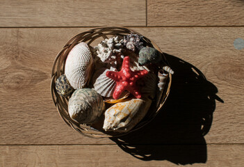 Wicker basket full of sea snail shells. Holiday memories. Souvenirs. - Powered by Adobe