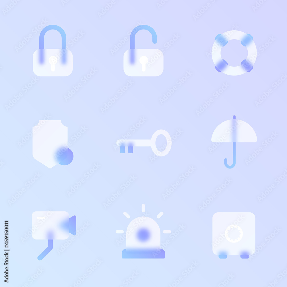 Poster security glass morphism trendy style icon set. security transparent glass color vector icons with bl