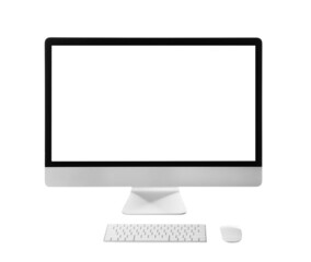 Modern computer with blank monitor screen and peripherals on white background