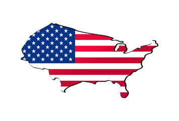 Map USA Flag on the white isolated background. Illustration concept: United States of America, country primarily located in North America