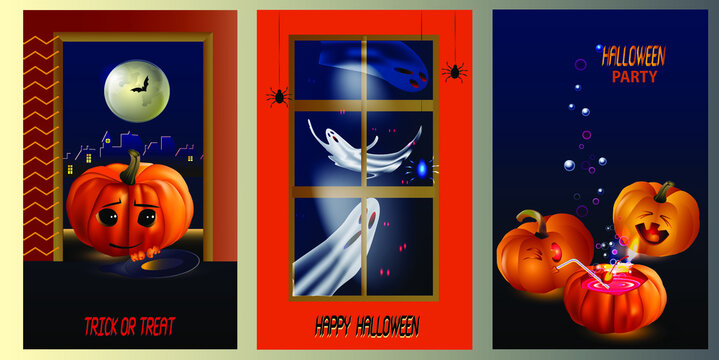 Happy Halloween! Vector illustrations with characters: ghosts outside the window; pumpkin party; Jack-O-Lantern at your doorstep. Cute pictures for poster