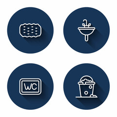 Set line Sponge, Washbasin, Toilet and Bucket with foam and bubbles with long shadow. Blue circle button. Vector