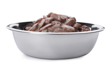 Wet pet food in feeding bowl isolated on white