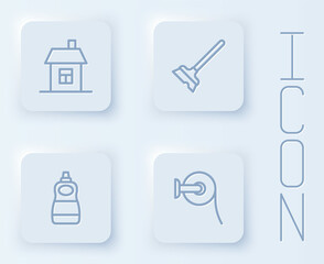 Set line House, Mop, Dishwashing liquid bottle and Toilet paper roll. White square button. Vector