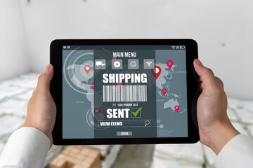 Warehouse management innovative software in computer for real time monitoring of goods package...