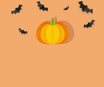Happy halloween and gradient concept.Abstract pumpkin and bats with shadow on orange background.Vector and Illustration.