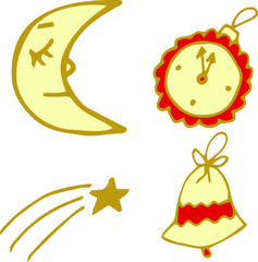 Christmas set of various tree decorations. Winter Holidays collection for postcard, banner, invitation, wrapping paper. Vector illustration. Moon, clock, bell, star.