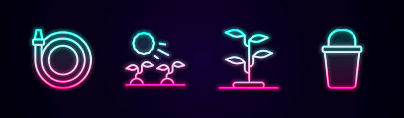 Set line Garden hose, Plant sprouts grow in the sun, Sprout and Bucket. Glowing neon icon. Vector