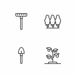 Set line Sprout, Shovel, Garden rake and Fruit trees icon. Vector