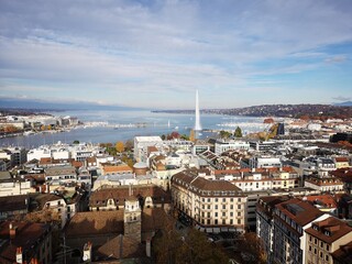 Aerial views of Geneva city and Leman lake