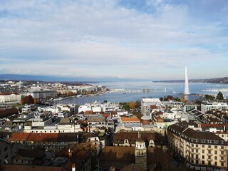 Fototapeta premium Aerial views of Geneva city and Leman lake