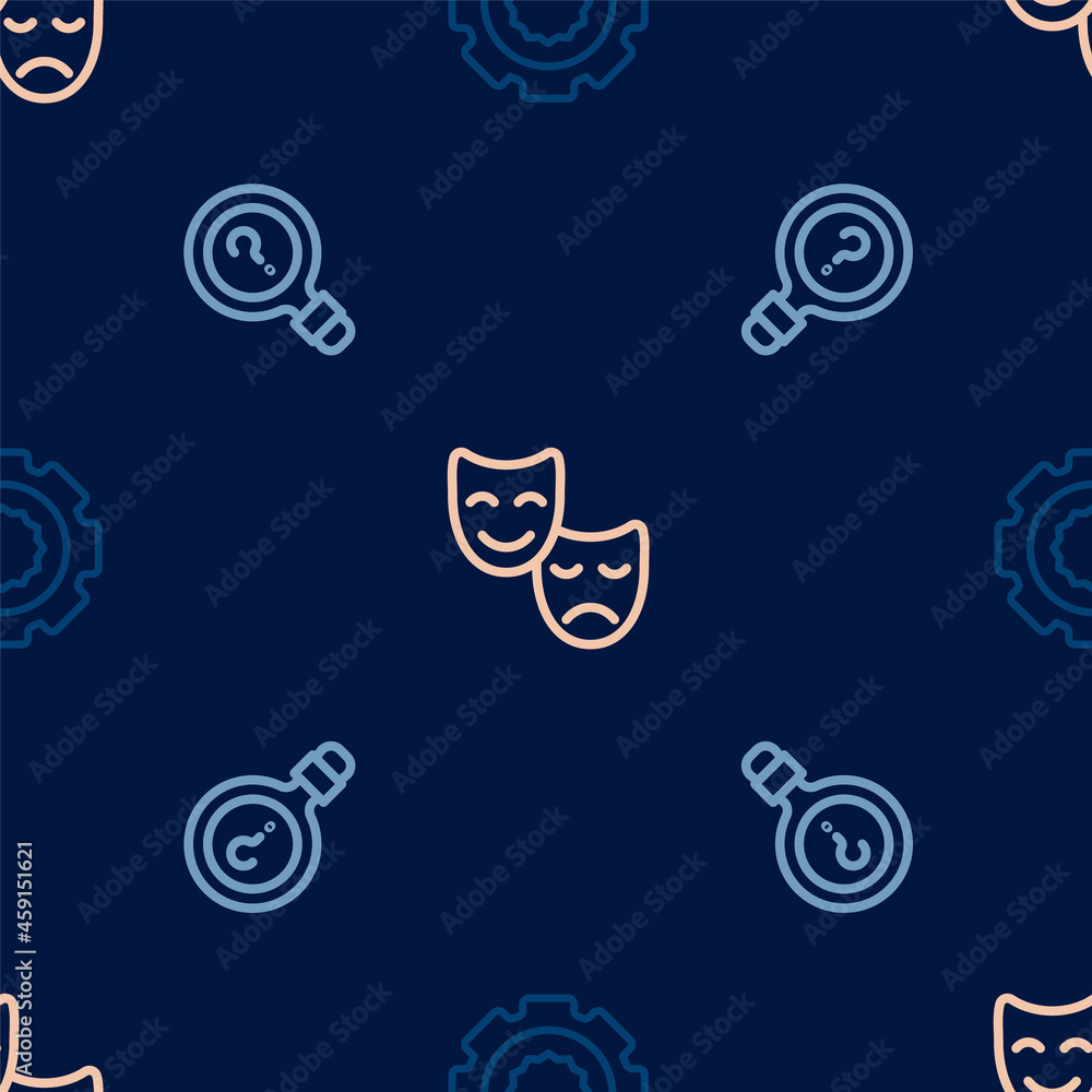 Poster set line gear, unknown search and comedy and tragedy masks on seamless pattern. vector