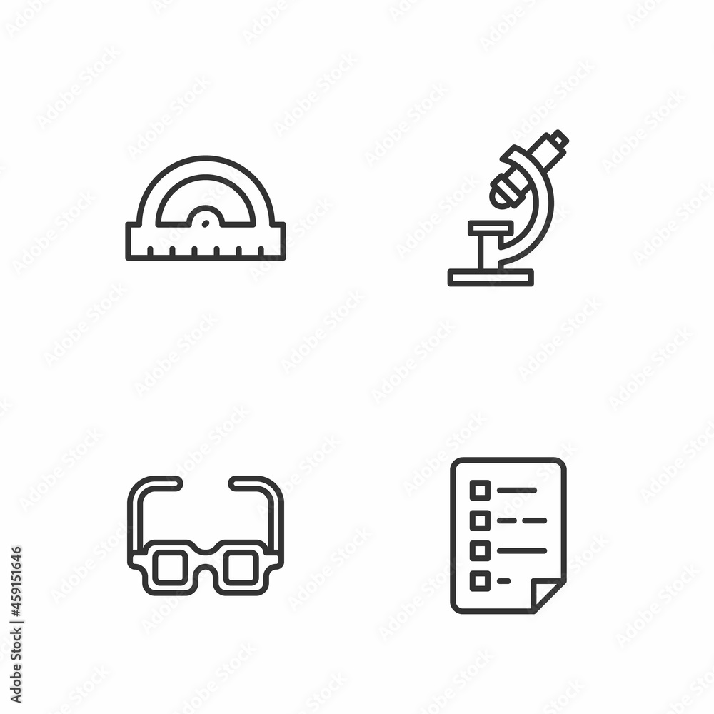 Poster set line clipboard with checklist, glasses, protractor grid and microscope icon. vector