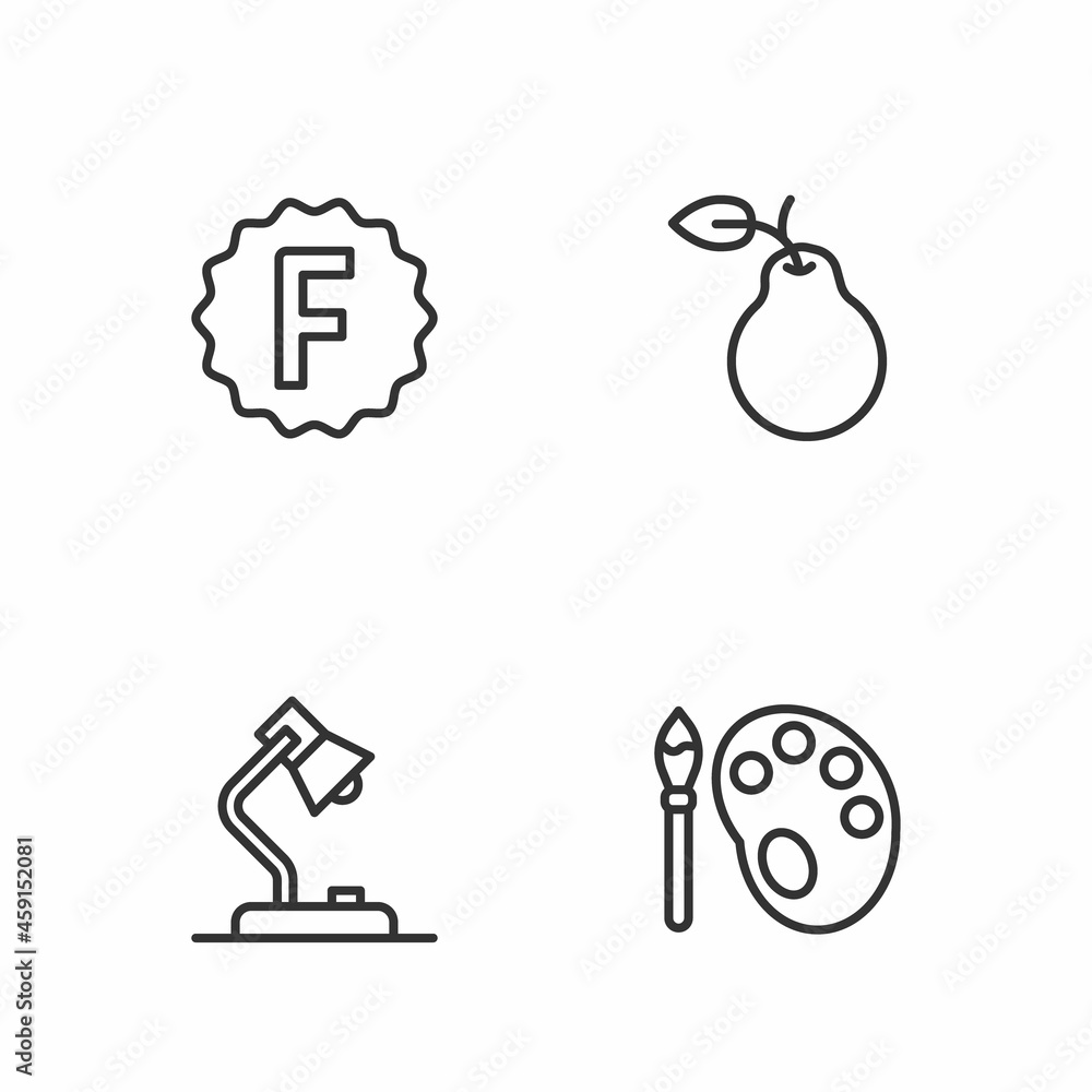 Poster set line paint brush with palette, table lamp, exam paper incorrect answers and pear icon. vector