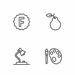 Set line Paint brush with palette, Table lamp, Exam paper incorrect answers and Pear icon. Vector