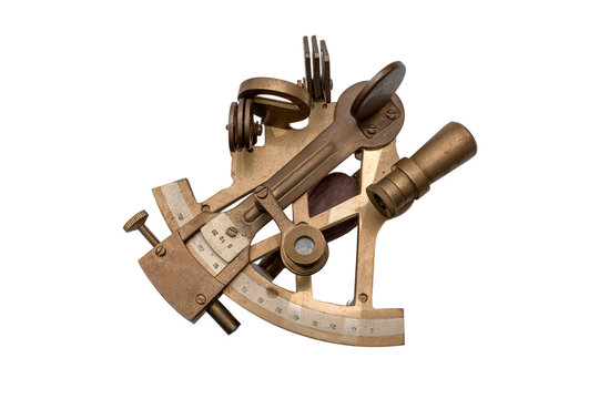 A sextant is a marine navigation instrument on white background which is used to measure the angle between two objects. 