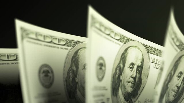 100 dollar baknotes calculating in the paper money counting machine. Bank cach conter equipment checking money and transfer money to the account bill. Banking and financial concept 3d rendering, loop.