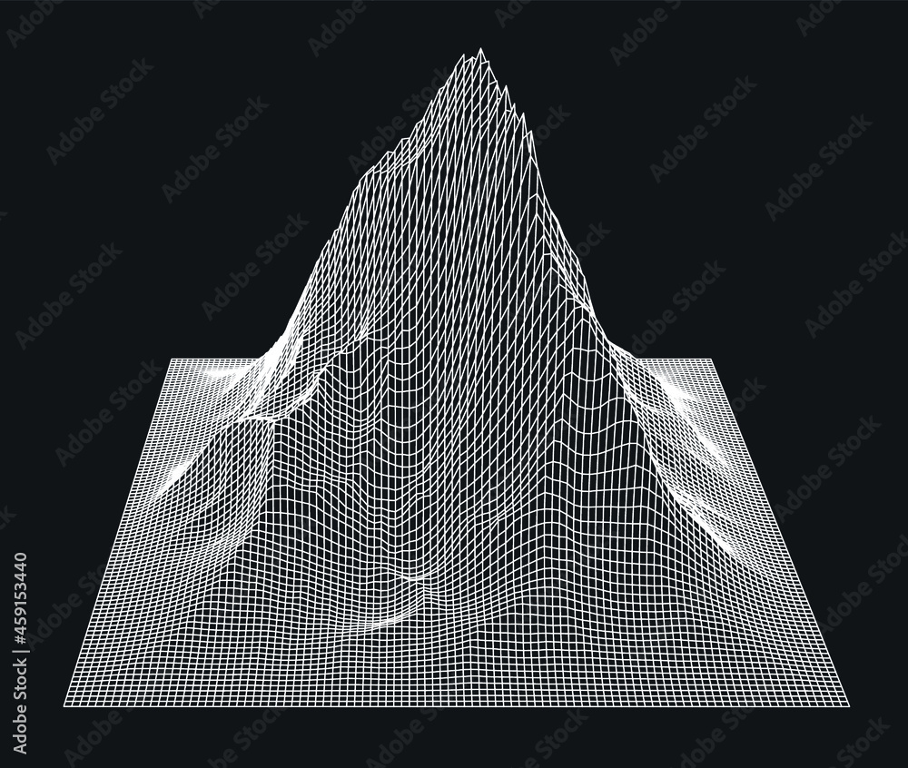 Poster 3D model of a glitched surface. Abstract vector background with distorted wireframe grid.