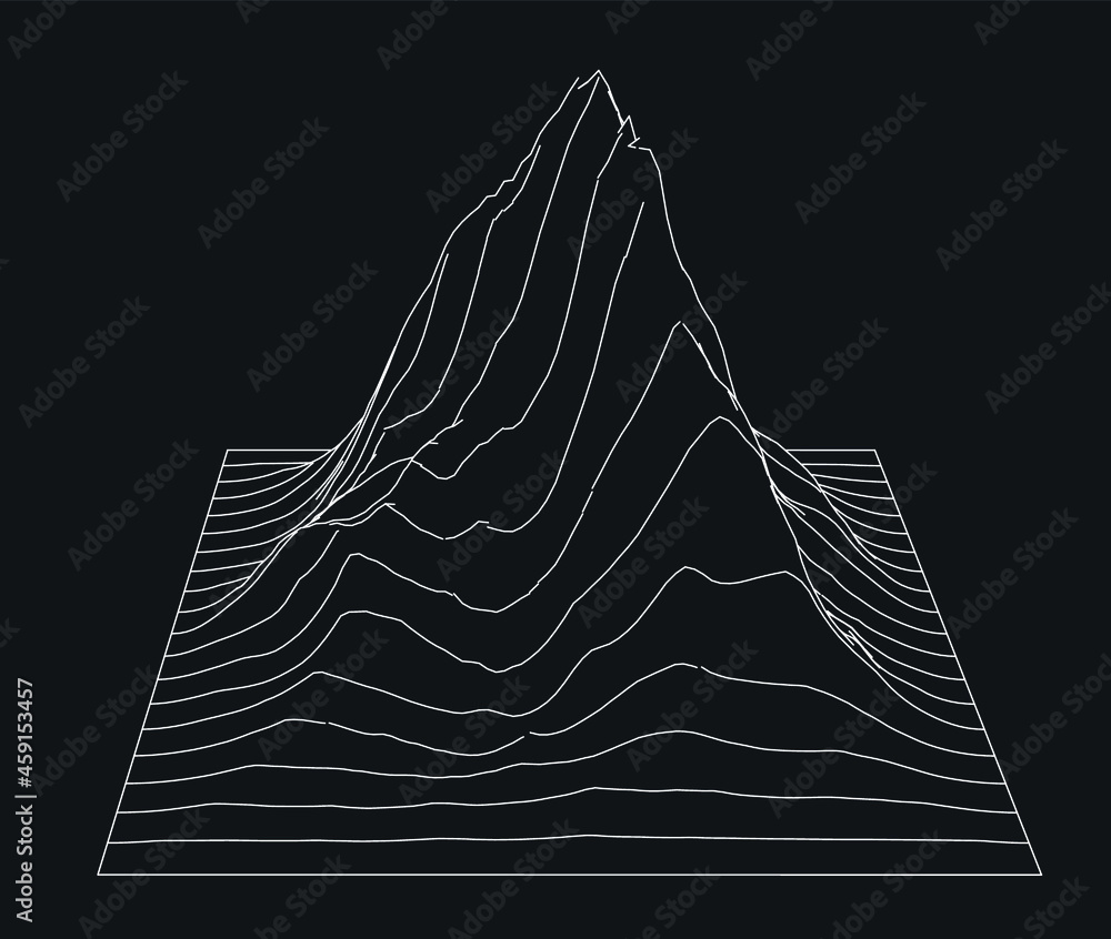 Poster 3D model of a glitched surface. Abstract vector background with distorted wireframe grid.
