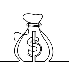 Abstract continuous lines drawing as bag of dollars on white as background. Vector