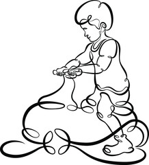 Little boy on a toy car.
One continuous line.
Little child playing. Childrens games.
One continuous drawing line logo isolated minimal illustration.