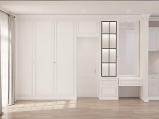 Walk in closet, Dressing room, make-up table, white room, consisting of white cabinets and drawers in white room 3d render.