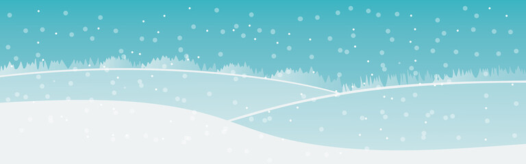 Winter background with snow, forest and mountains, flat vector cartoon. A simple landscape for a splash or cover for a New Year's card.